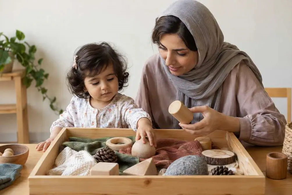 مادر و کودک نوپا در حال کاوش وسایل حسی بزرگ و ایمن