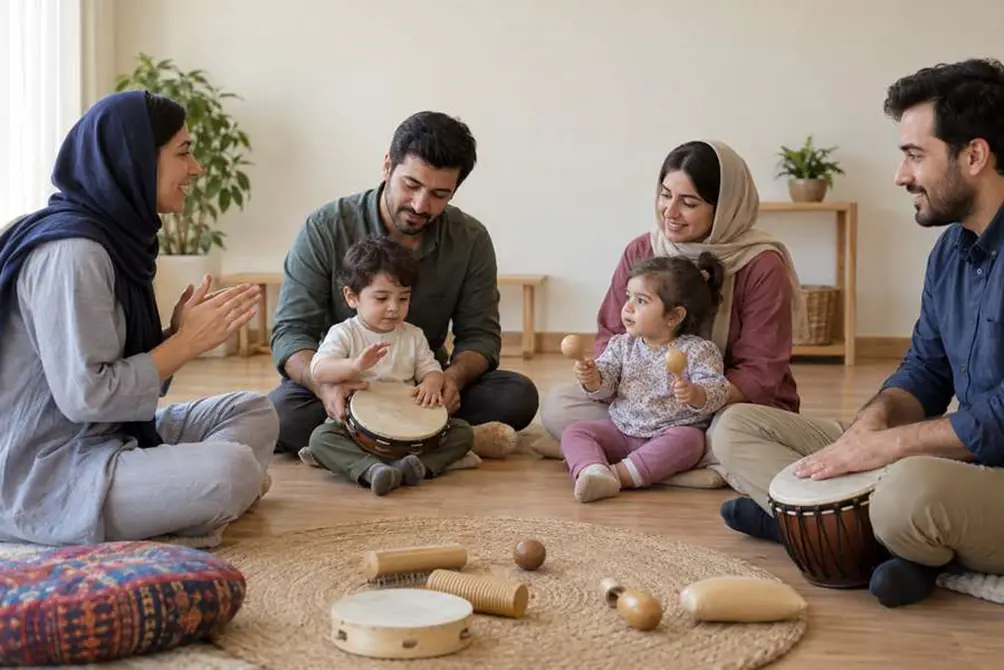  والدین و کودکان در حلقه کوچک موسیقی و ریتم