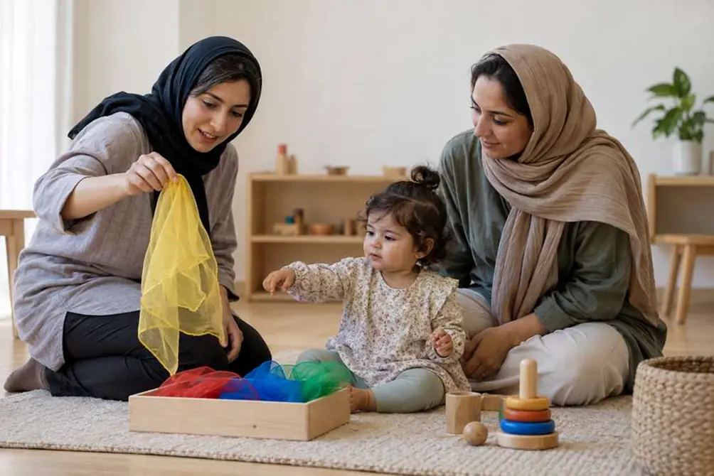 تسهیلگر در حال راهنمایی مادر برای بازی انتخاب محور با کودک