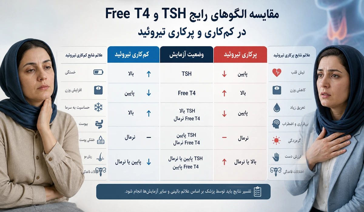 آزمایش تیروئید چیست؟ بررسی TSH، T3 و T4 3 مقایسه TSH و Free T4 در کمکاری و پرکاری تیروئید